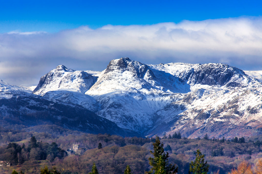 Wray Castle and the Langdale Pikes, Cumbria, England.